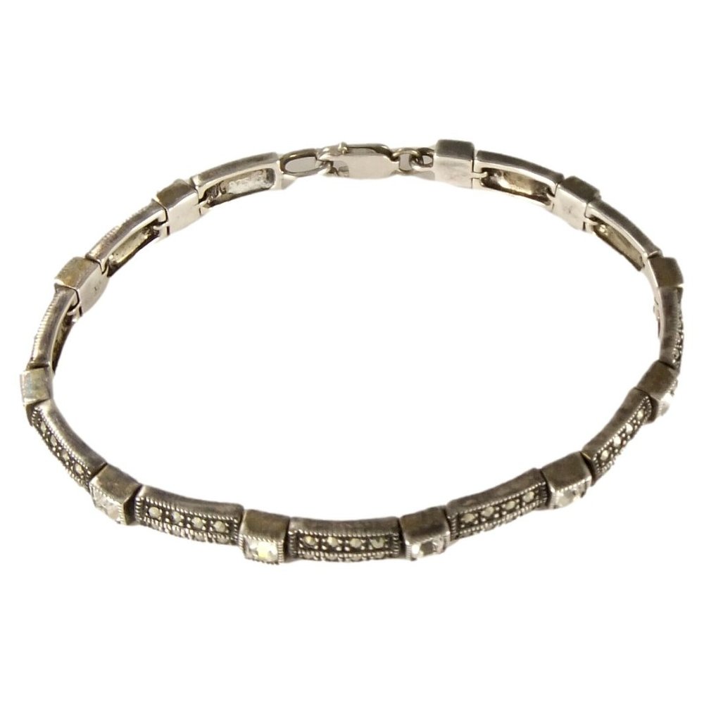 Sterling link bracelet with square crystals and round marcasites - 7" - Picture 2 of 3